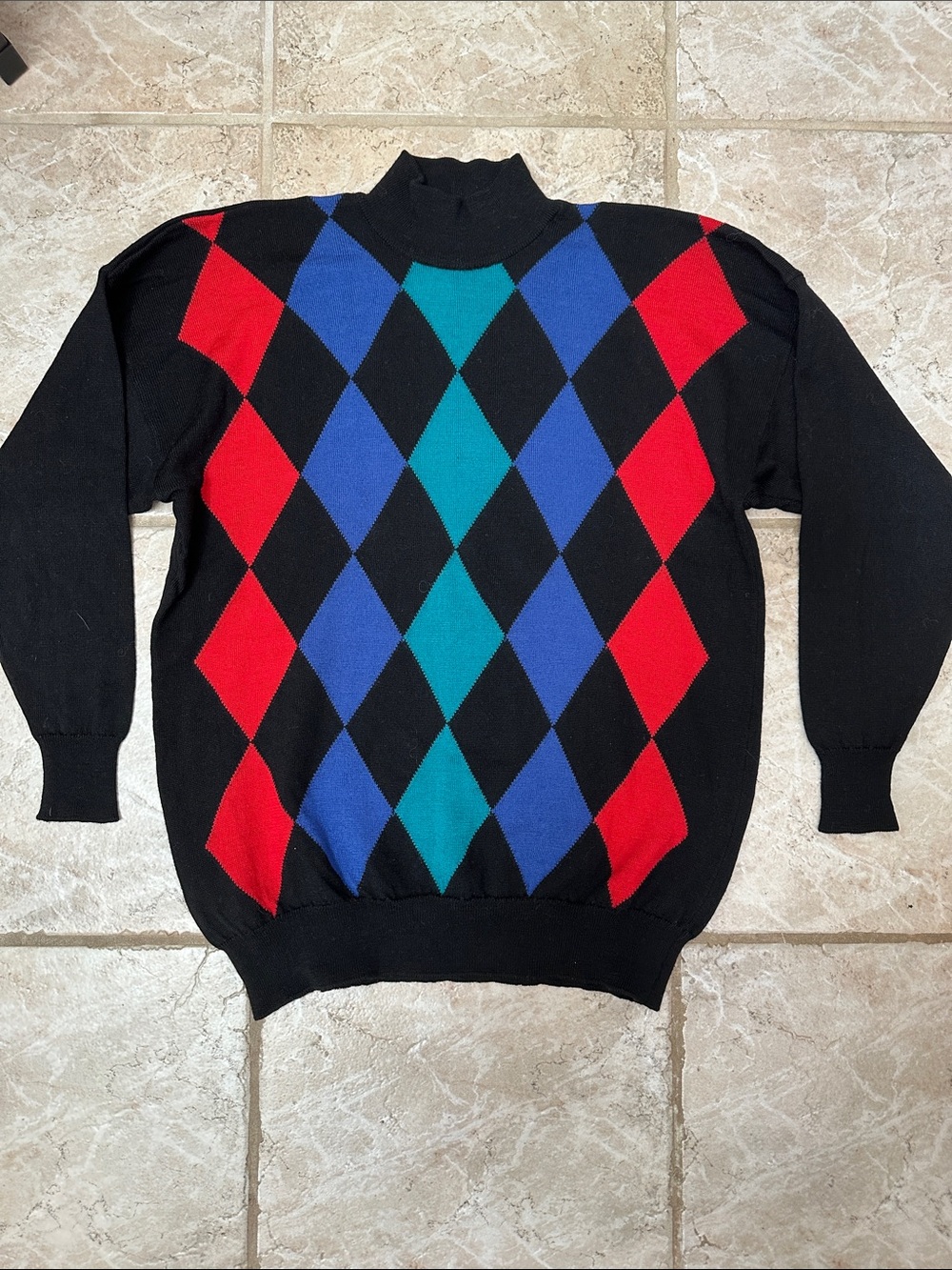 Lambswool Black Argyle Turtleneck Sweater with Red, Blue and Teal Diamonds